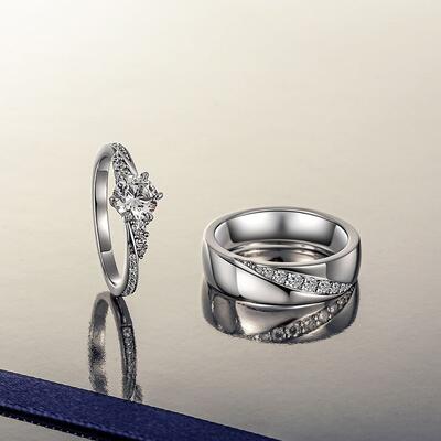 Juelvia Classic Diagonal Twist Couple Rings Set Sterling Silver