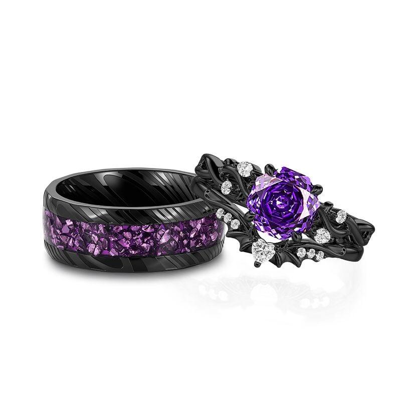 Gothic Black Purple Stone Couple's Ring Set