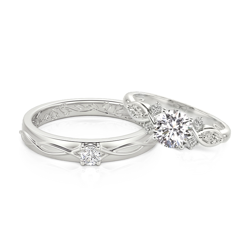 Round Cut Matching Couple Ring Set Sterling Silver