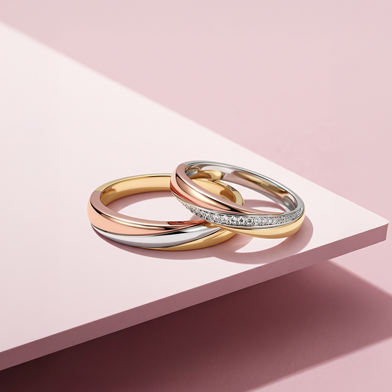 Juelvia Classic Tri-Color Couple Ring Set Sterling Silver
