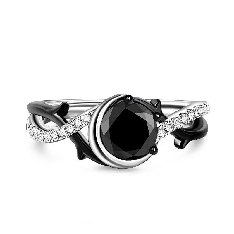 Two Tone Twist Moon Design Round Cut Sterling Silver Ring