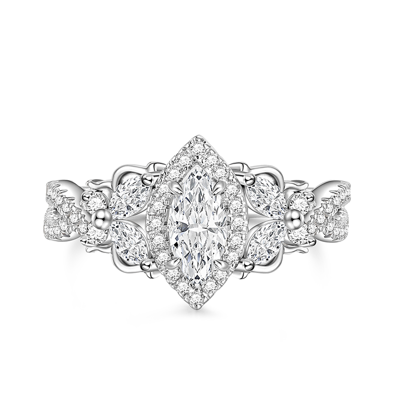 "Fly to You" Butterfly Halo Marquise Cut Twist Sterling Silver Engagement Ring