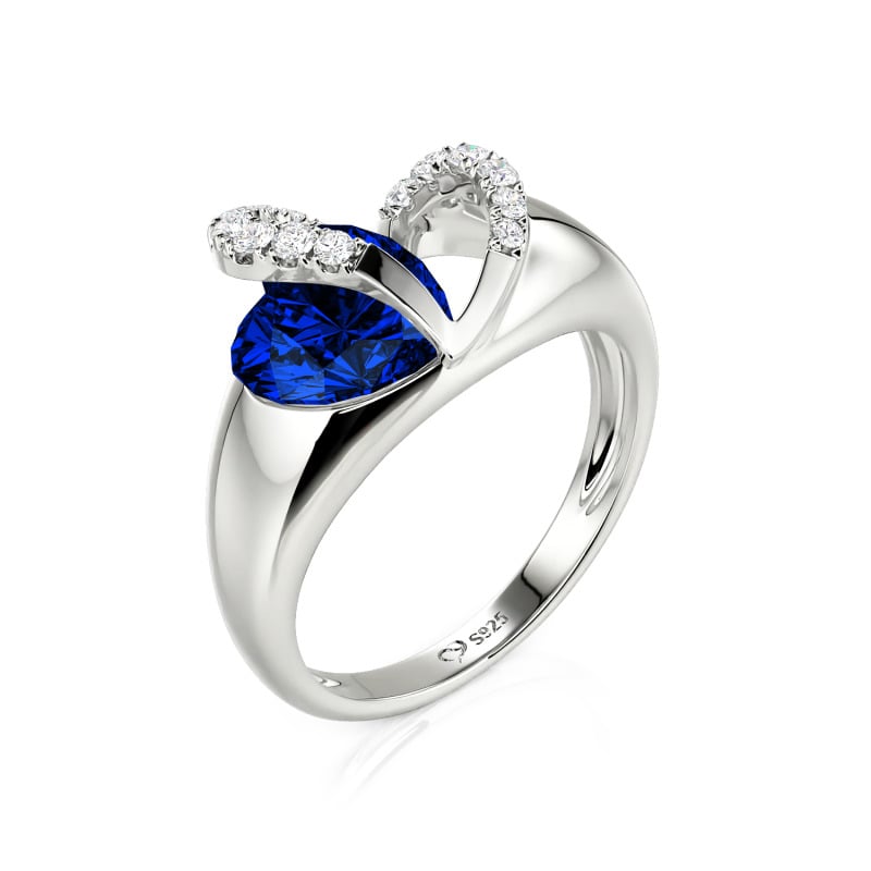 Juelvia "Vibration" Two Heart Sapphire Ring Hollow Design Sterling Silver