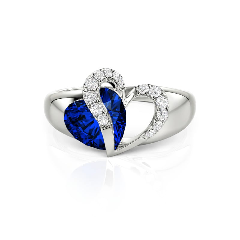 Juelvia "Vibration" Two Heart Sapphire Ring Hollow Design Sterling Silver
