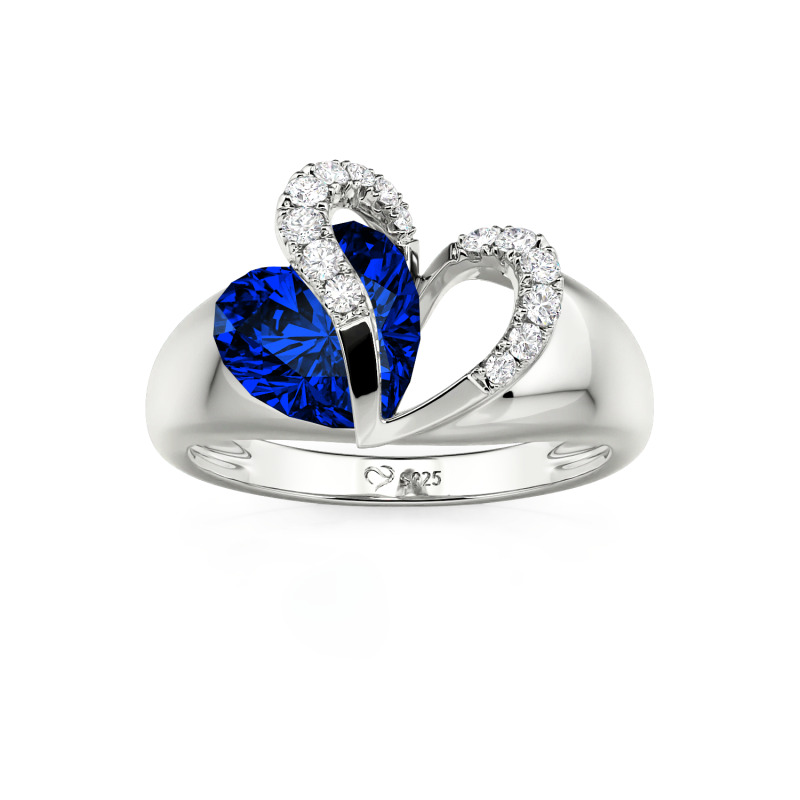 Juelvia "Vibration" Two Heart Sapphire Ring Hollow Design Sterling Silver