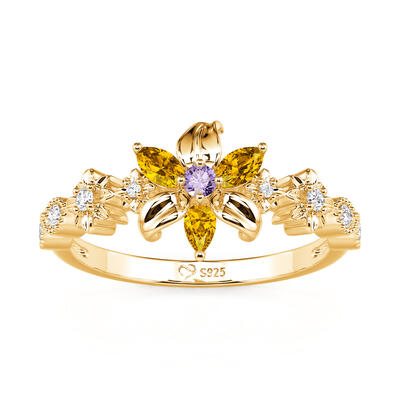 Juelvia Golden Flower Ring with Round Cut Purple Stone