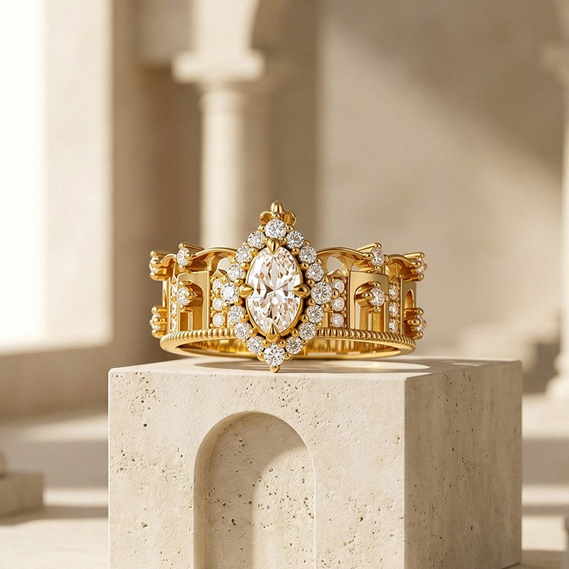 Juelvia Alhambra Inspired Oval Architectural Engagement Ring