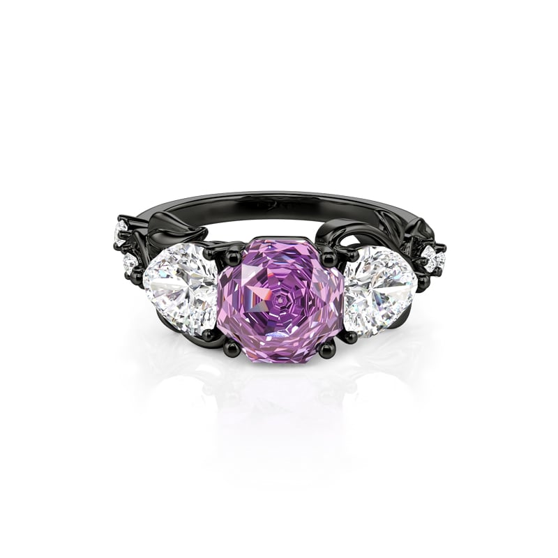 Midsummer Night Leaf Three Stone Purple Rose Cut Ring