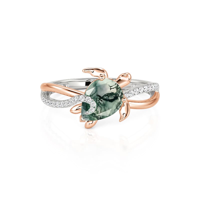 Hug Me Two-Tone Twist Turtle Pear Cut Moss Agate Ring