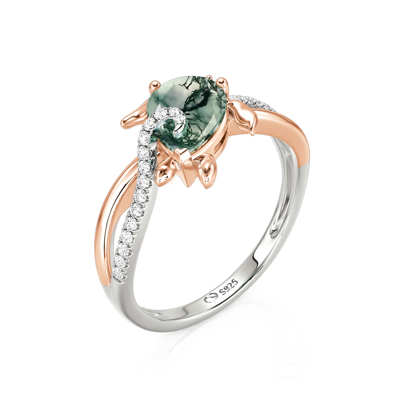 Juelvia Hug Me Two-Tone Twist Turtle Pear Cut Moss Agate Ring