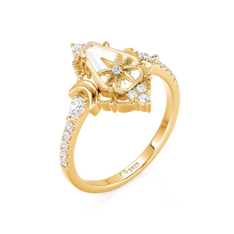 Juelvia Gold North Star Moon Coffin-Cut Crystal Statement Ring