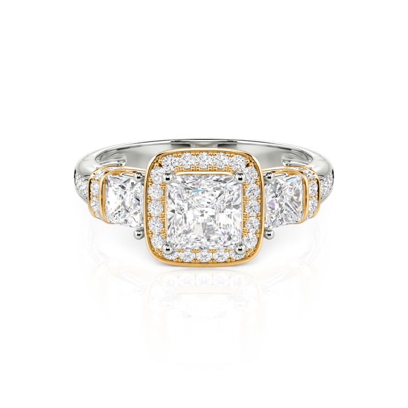 Three Stone Halo Princess Cut Sterling Silver Ring