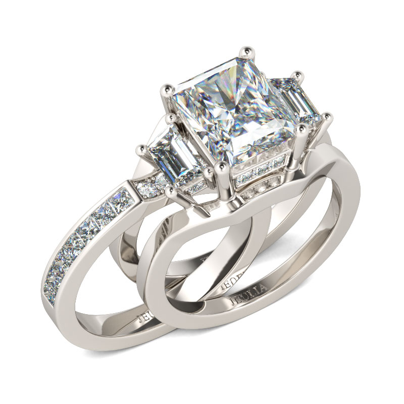 Three Stone Radiant Cut Sterling Silver Ring Set