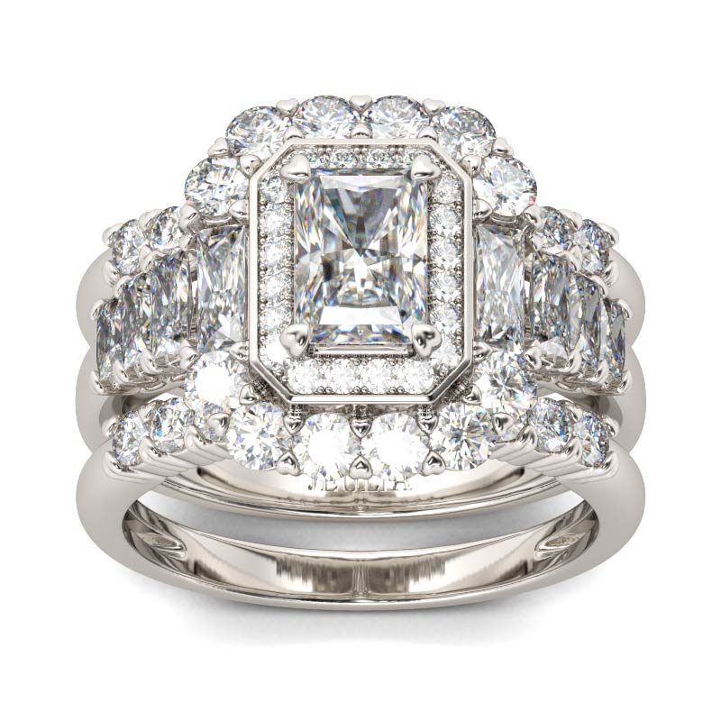 Halo Radiant Cut Sterling Silver 3PC Ring Set
