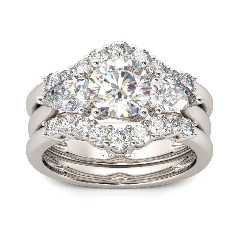 Three Stone Round Cut Sterling Silver Ring Set