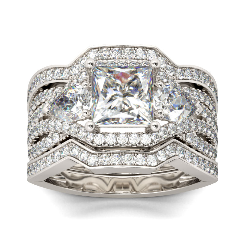 Three Stone Princess Cut Sterling Silver Ring Set