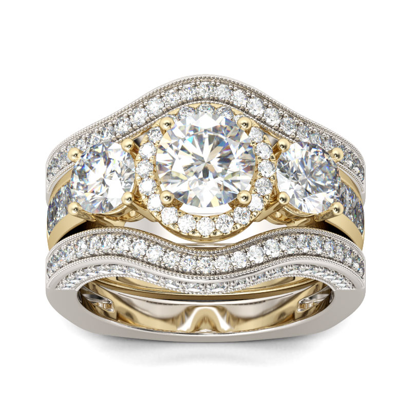 Three Side Pave Round Cut Sterling Silver Ring Set