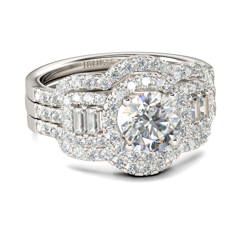 Halo Round Cut Sterling Silver Ring Set
