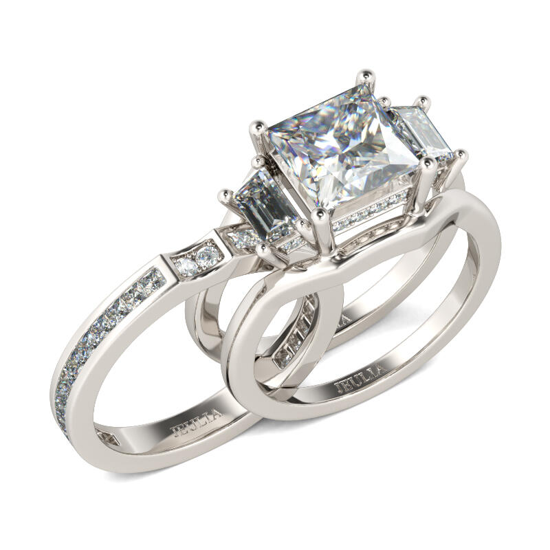 Three Stone Princess Cut Sterling Silver Ring Set