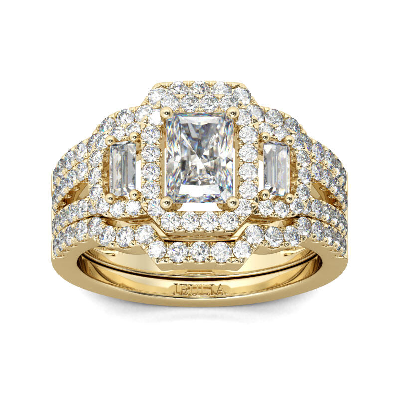 3PC Halo Gold Tone Radiant Cut Sterling Silver Ring Set