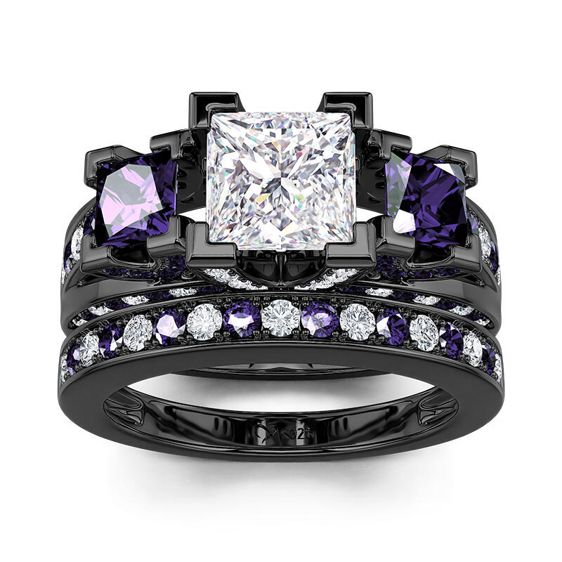 Three Stone Princess Cut Sterling Silver Ring Set