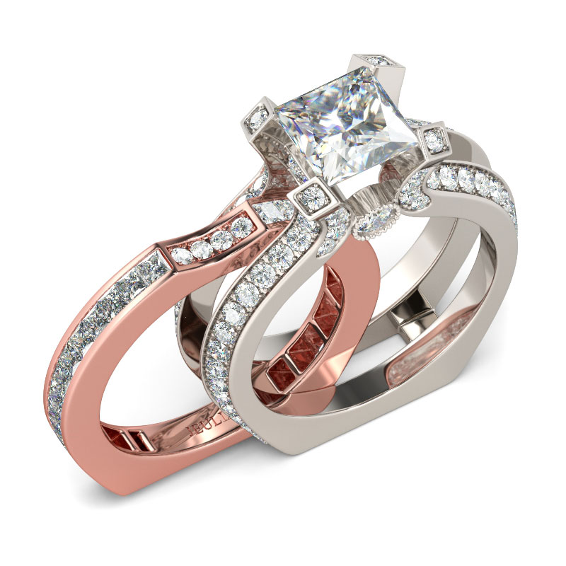 Interchangeable Two Tone Princess Cut Sterling Silver Ring Set