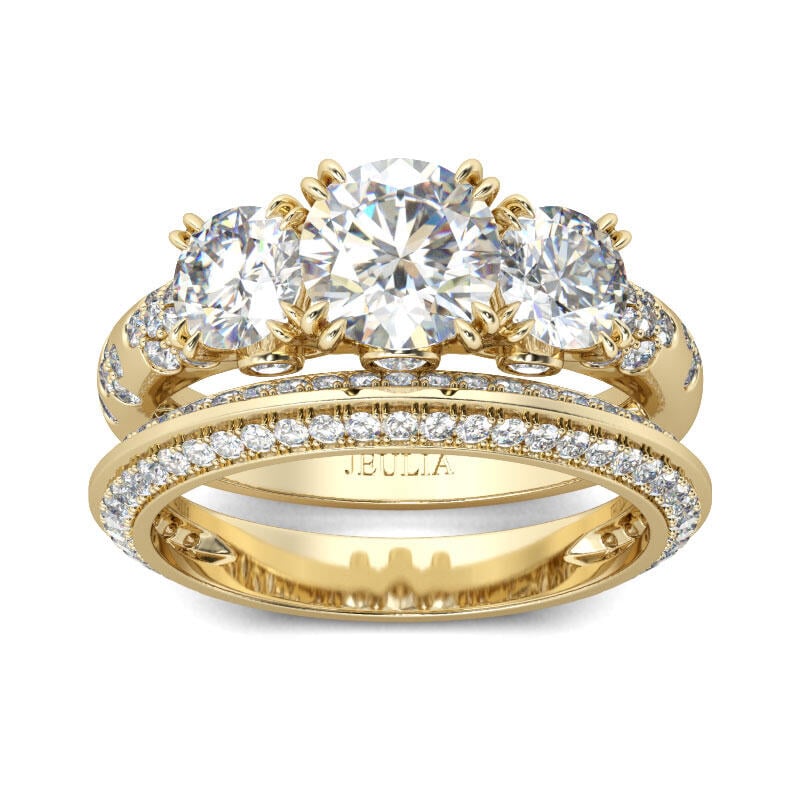 Gold Tone Three Stone Round Cut Sterling Silver Ring Set