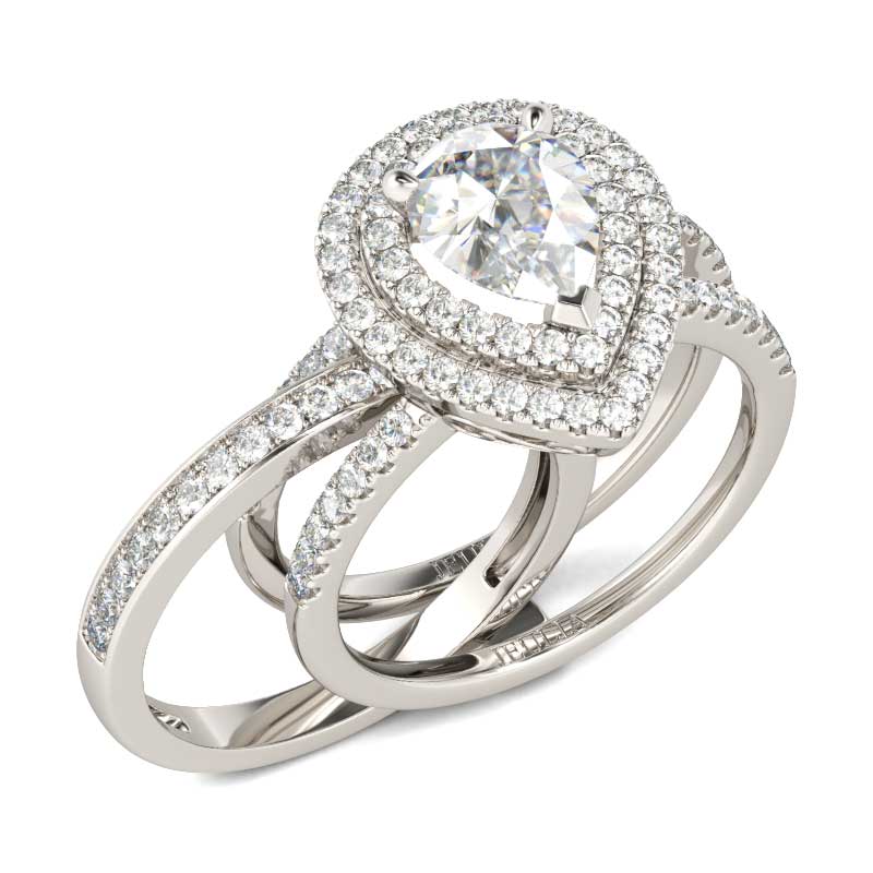 Double Halo Pear Cut Sterling Silver Ring Set