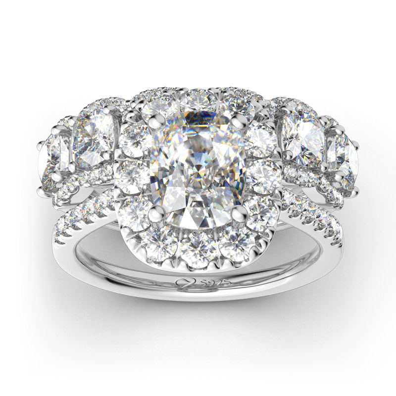 Halo Cushion Cut Sterling Silver Ring Set