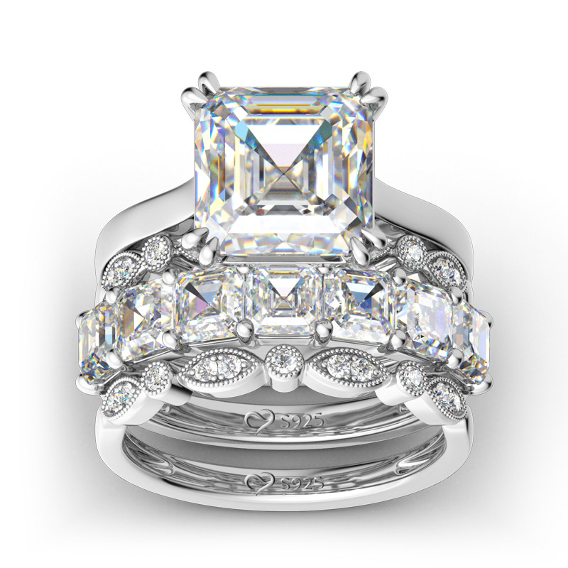 4PC Asscher Cut Sterling Silver Ring Set