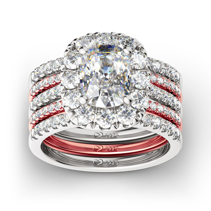 Two Tone Halo Sterling Silver Ring Set