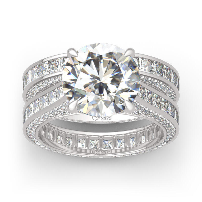 Round Cut Three Sided Pave Sterling Silver Eternity Ring Set