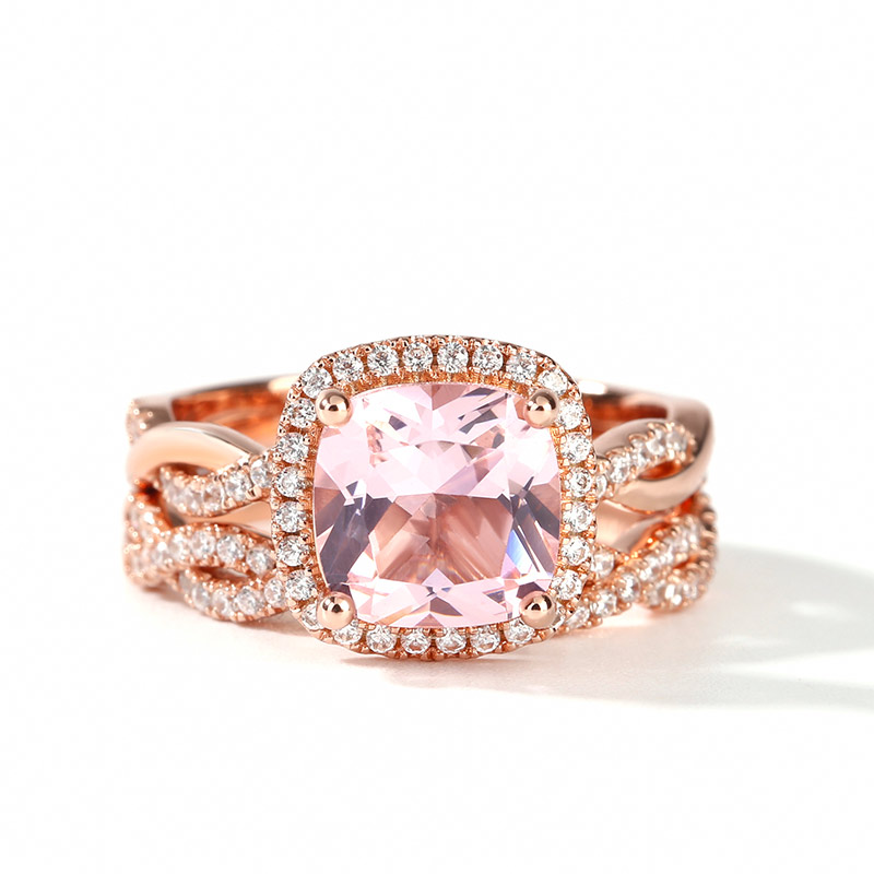 Twist Halo Cushion Cut Synthetic Morganite Sterling Silver Ring Set