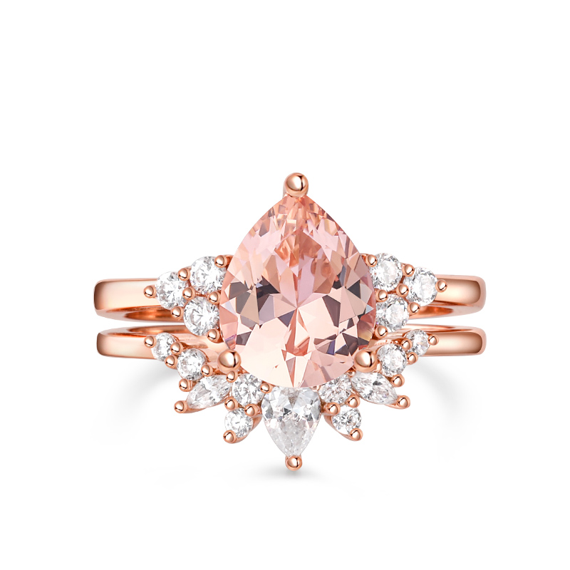 Cluster Pear Cut Synthetic Morganite Sterling Silver Ring Set