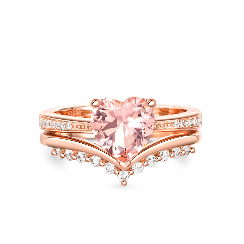"Ethereal Elegance" Heart Cut Synthetic Morganite Sterling Silver Ring Set