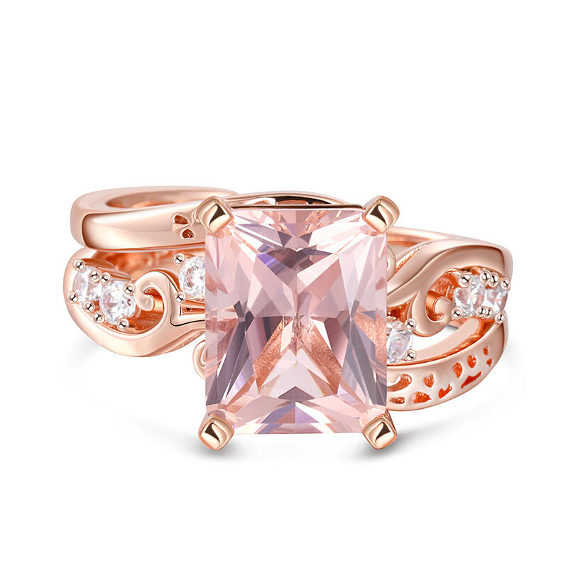 Vintage Radiant Cut Synthetic Morganite Sterling Silver Ring Set