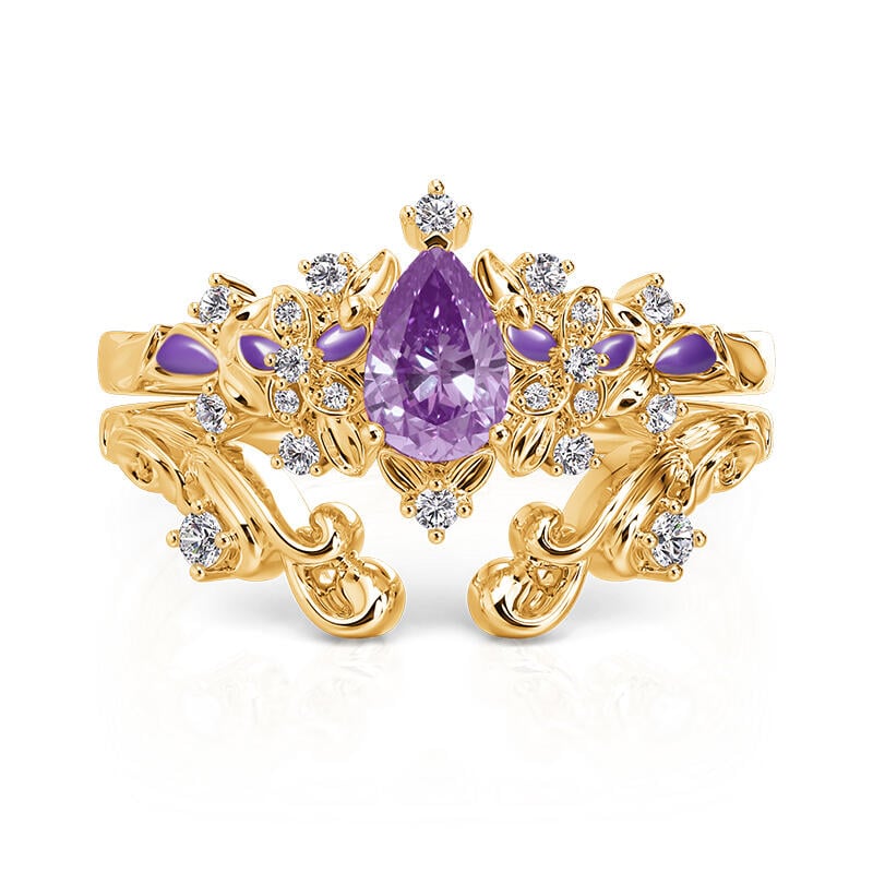 Starry Purple Stone Pear Cut Gold Ring Set
