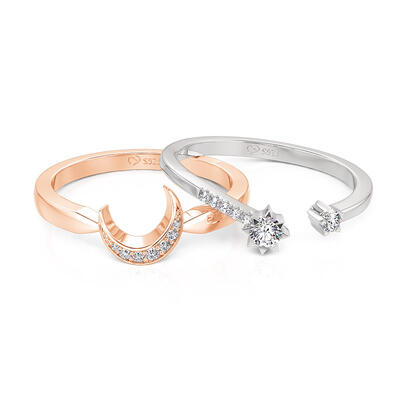 Juelvia Moon and Star Two Tone Puzzle Ring Set Sterling Silver