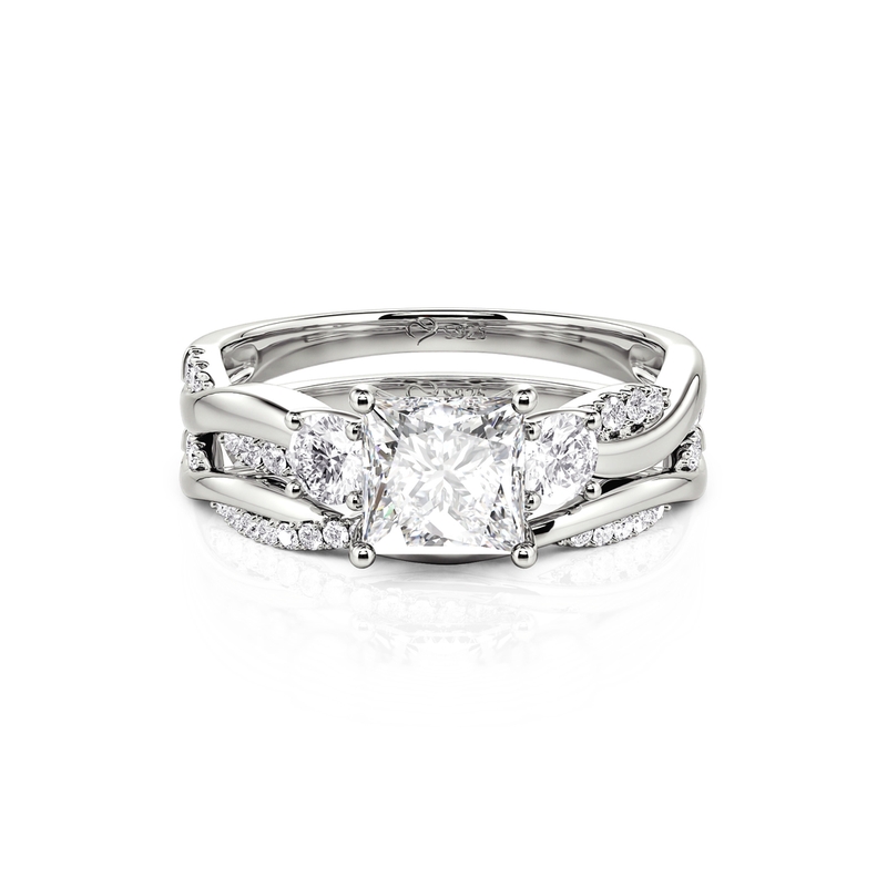 Three Stone Princess Cut Ring Set Twist Design Sterling Silver