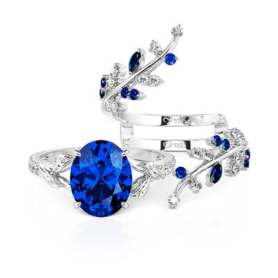 Juelvia Vintage Cubic Leaf Sapphire Ring Set