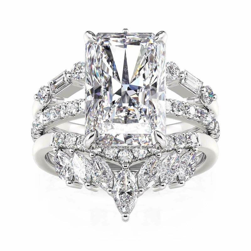 Hidden Halo Radiant Cut Engagement Ring Set Sterling Silver