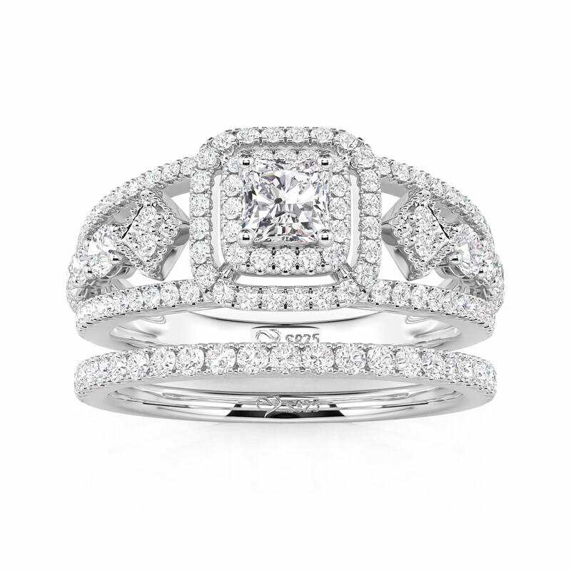 Double Halo Princess Cut Engagement Ring Set