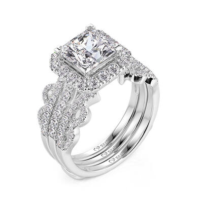Juelvia Flower Leaf Halo Square Asscher Cut Engagement Ring Set