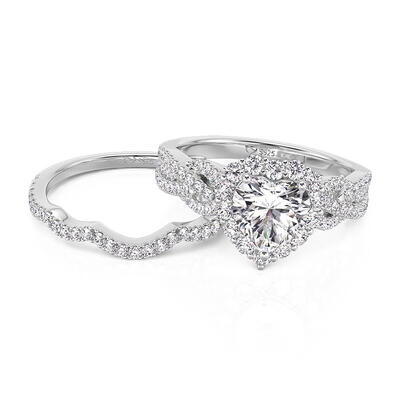 Juelvia Vintage Halo Twist Heart Cut Bridal Ring Set Sterling Silver