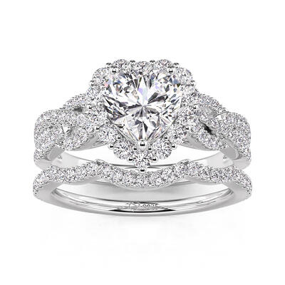 Juelvia Vintage Halo Twist Heart Cut Bridal Ring Set Sterling Silver