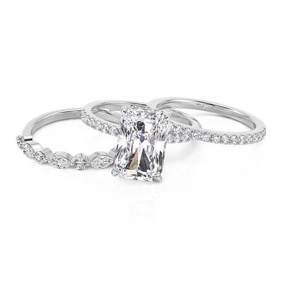 Juelvia Solitaire Radiant Cut Engagement Ring Set 3PCS Sterling Silver