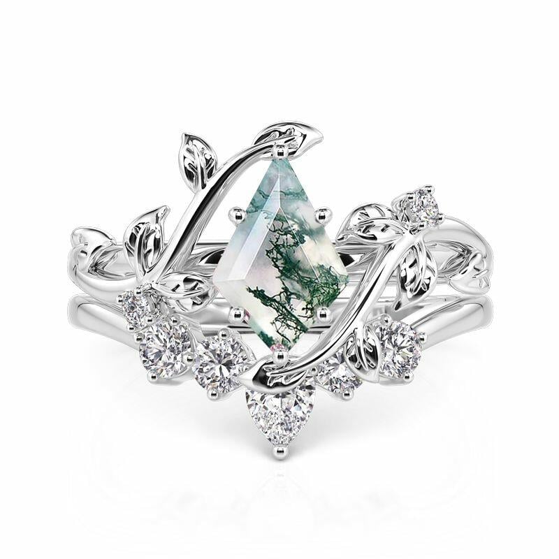 Leaf Wrap Moss Agate Ring Set Sterling Silver