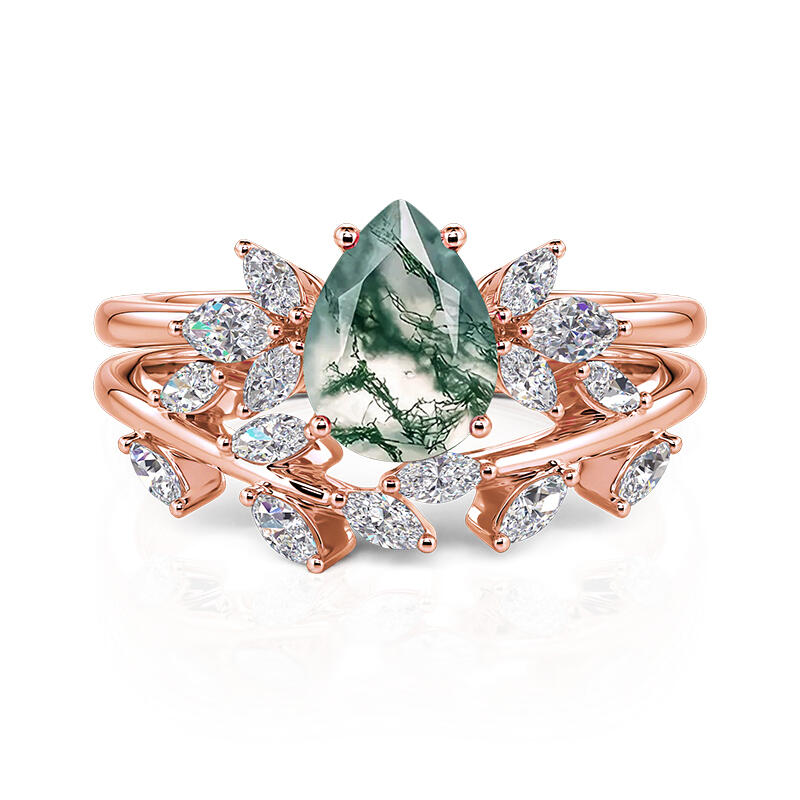 Forest Deciduous Pear Cut Moss Agate Ring Set