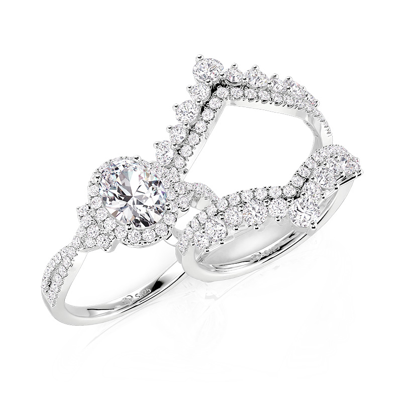 Juelvia Twisted Oval Halo Bridal Ring Set with V Shaped Enhancer