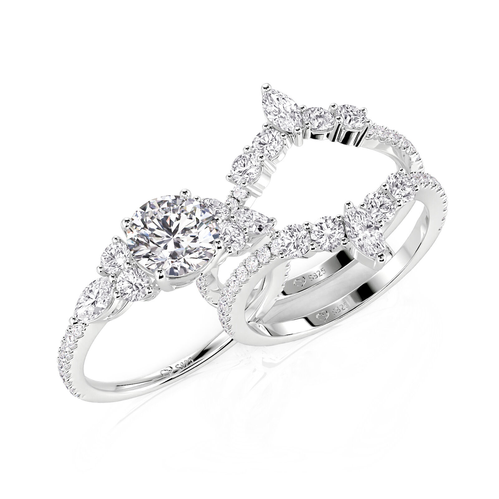 Juelvia Round Cut Three Stone V-Shaped Engagement Ring Set